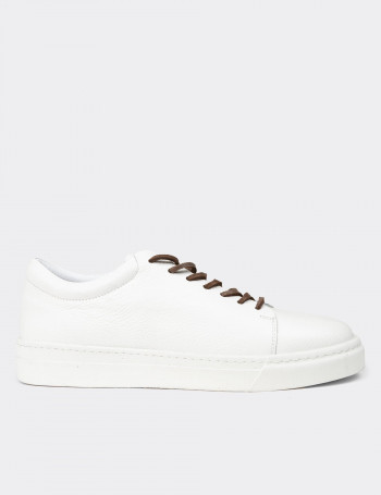 Erkek Hakiki Deri Beyaz Sneaker Ayakkabı - 02004MBYZC01