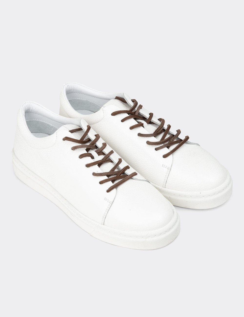 Erkek Hakiki Deri Beyaz Sneaker Ayakkabı - 02004MBYZC01