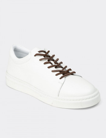 Erkek Hakiki Deri Beyaz Sneaker Ayakkabı - 02004MBYZC01