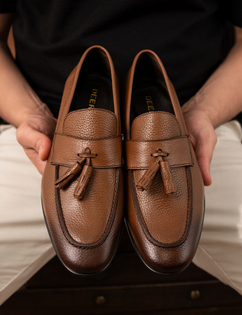 Hakiki Deri Taba Rengi Püsküllü Erkek Loafer - 01989MTBAC01