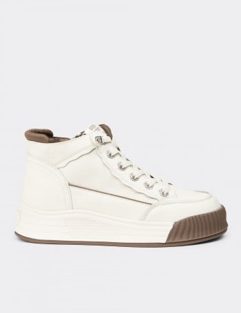 Kadın Hakiki Deri Beyaz High Top Sneaker Ayakkabı