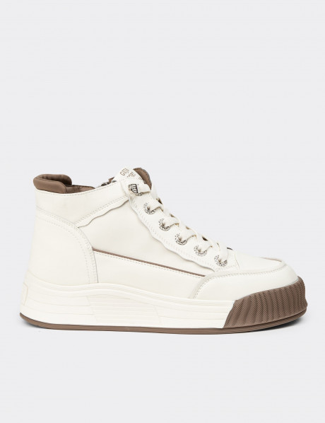 Kadın Hakiki Deri Beyaz High Top Sneaker Ayakkabı