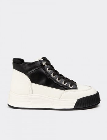 Kadın Hakiki Deri Siyah High Top Sneaker Ayakkabı