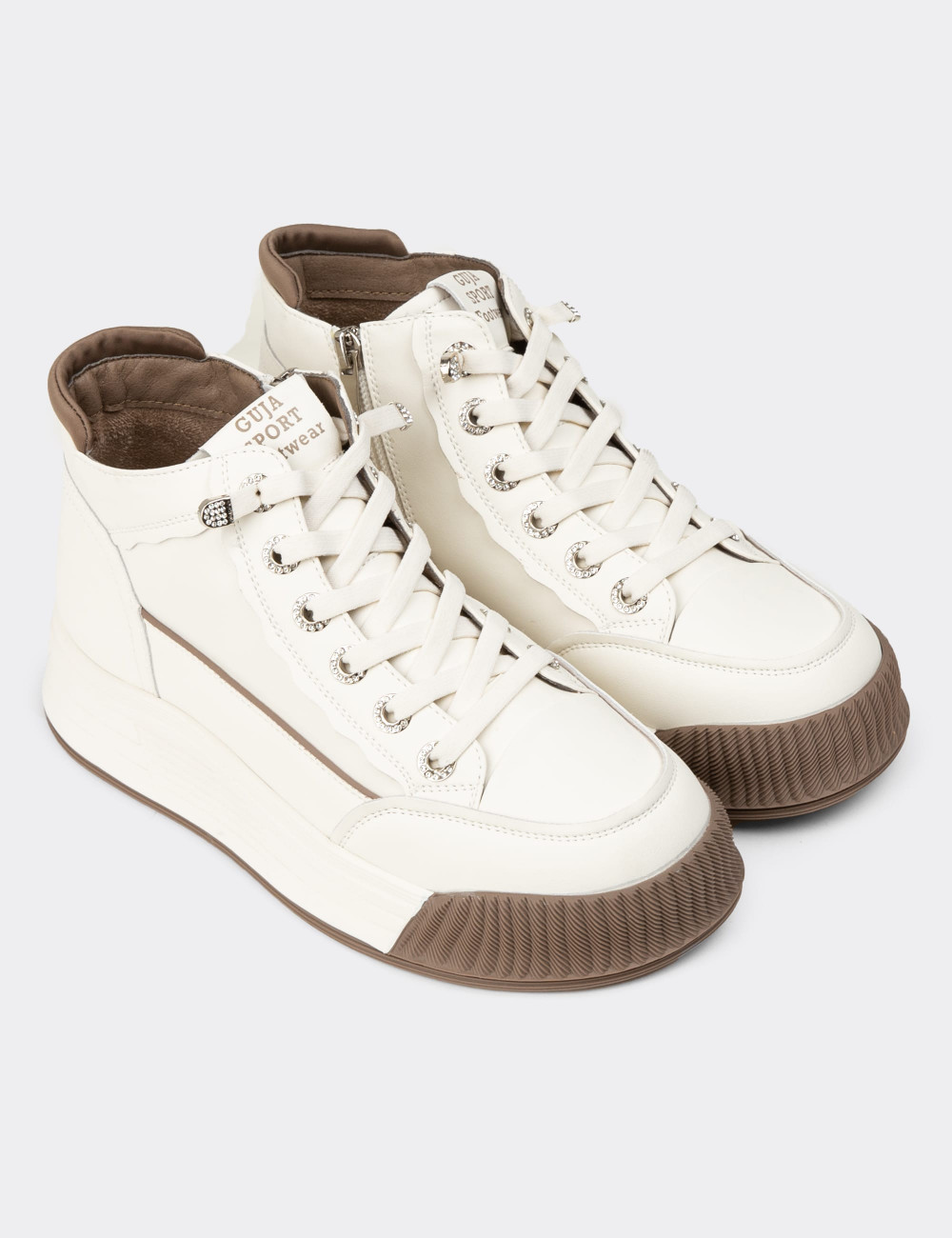 Kadın Hakiki Deri Beyaz High Top Sneaker Ayakkabı - 25334ZBYZC01