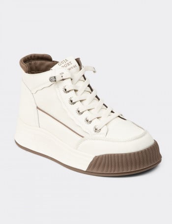 Kadın Hakiki Deri Beyaz High Top Sneaker Ayakkabı