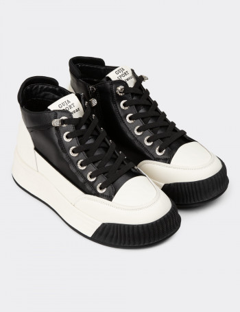 Kadın Hakiki Deri Siyah High Top Sneaker Ayakkabı - 25334ZSYHC01