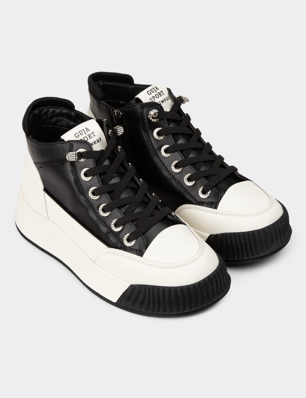 Kadın Hakiki Deri Siyah High Top Sneaker Ayakkabı - 25334ZSYHC01