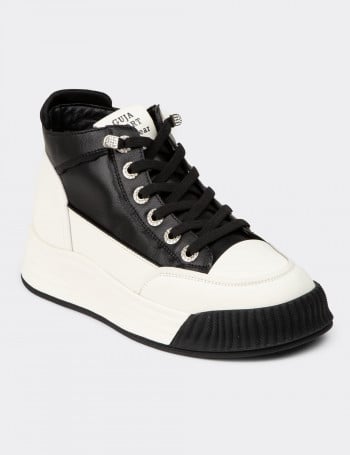 Kadın Hakiki Deri Siyah High Top Sneaker Ayakkabı