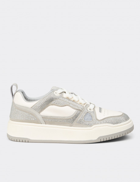Kadın Gümüş Renk Taş Süslü Sneaker Ayakkabı