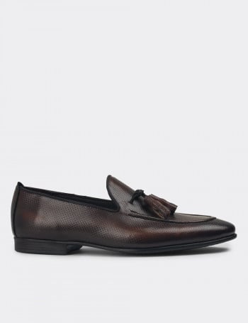 Erkek Hakiki Deri Taba Rengi Vintage Püsküllü Loafer - 01701MTBAC22