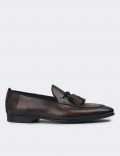 Erkek Hakiki Deri Taba Rengi Vintage Püsküllü Loafer