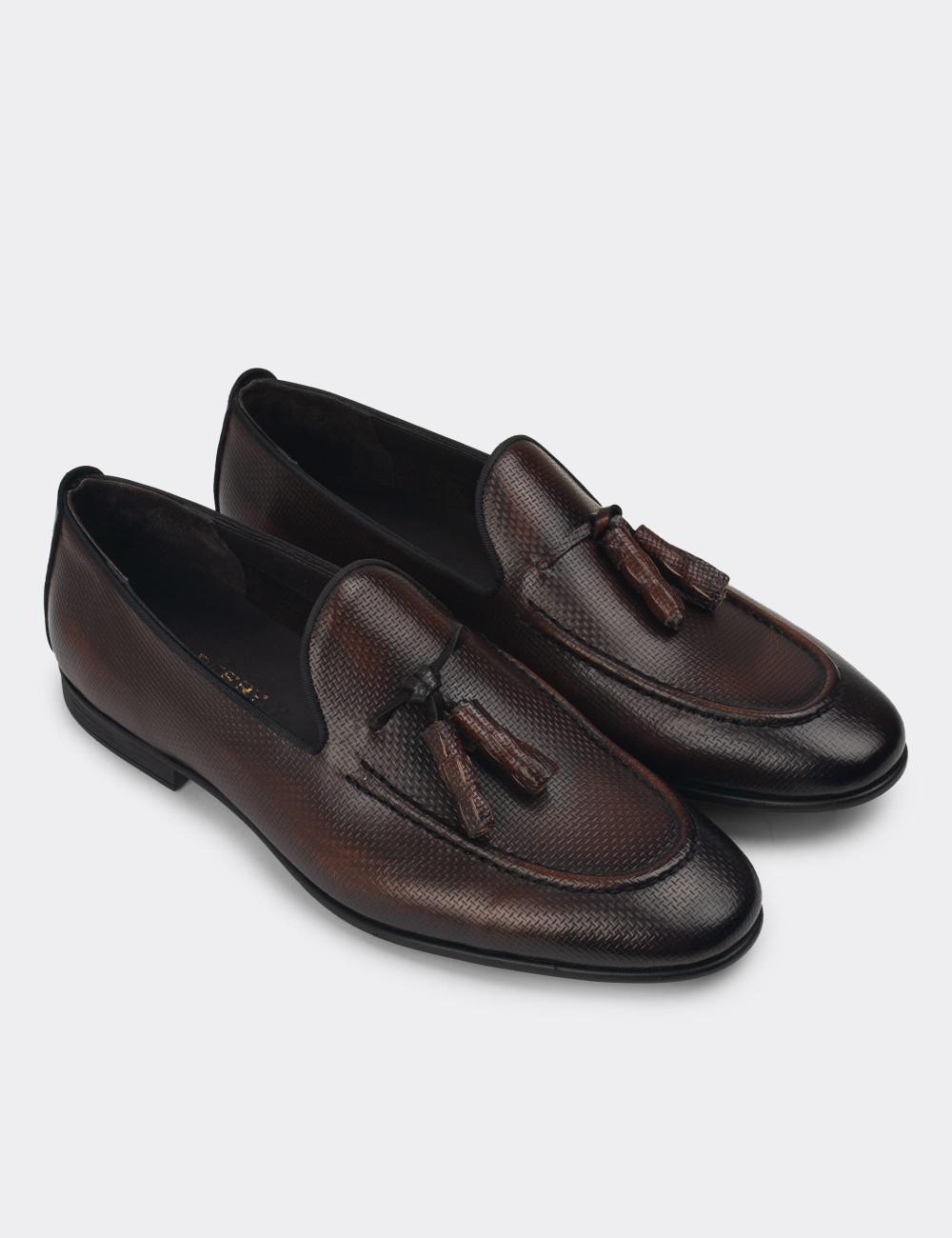 Erkek Hakiki Deri Taba Rengi Vintage Püsküllü Loafer - 01701MTBAC22