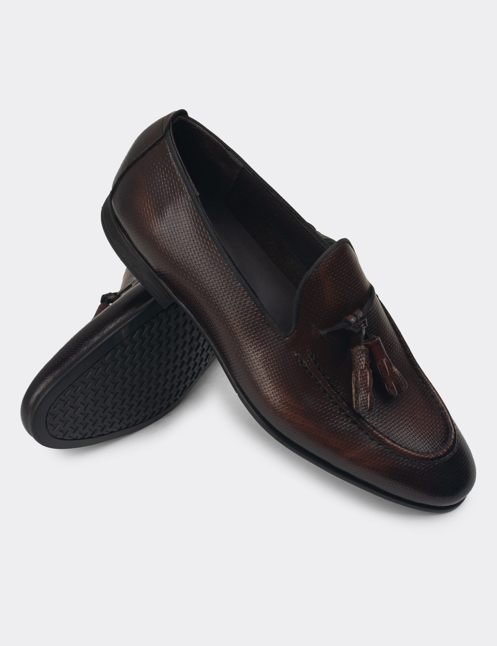 Erkek Hakiki Deri Taba Rengi Vintage Püsküllü Loafer - 01701MTBAC22
