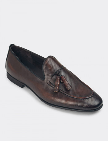 Erkek Hakiki Deri Taba Rengi Vintage Püsküllü Loafer - 01701MTBAC22