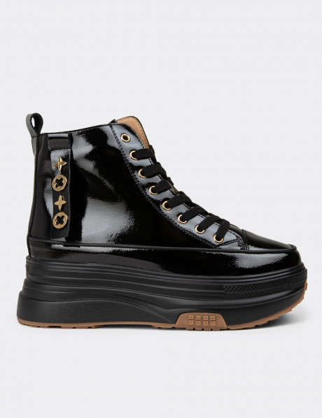 Kadın Rugan Siyah High Top Sneaker