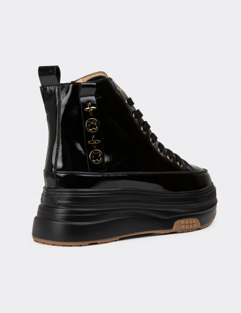 Kadın Rugan Siyah High Top Sneaker - 25336ZSYHC01