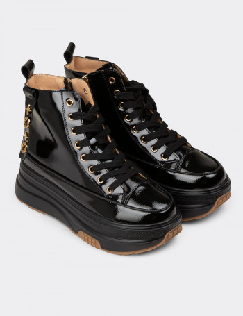 Kadın Rugan Siyah High Top Sneaker - 25336ZSYHC01