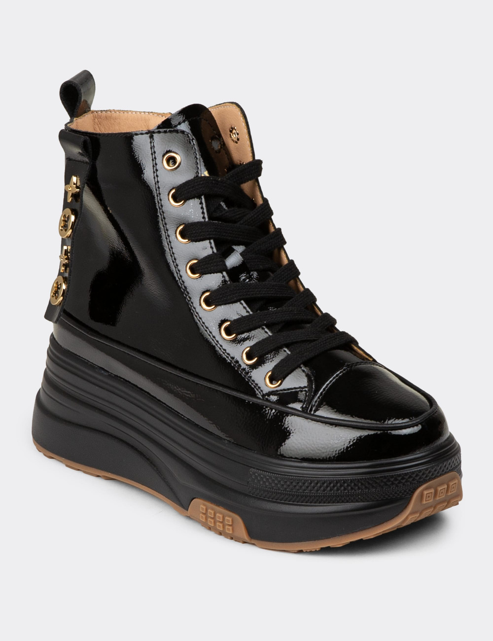 Kadın Rugan Siyah High Top Sneaker - 25336ZSYHC01