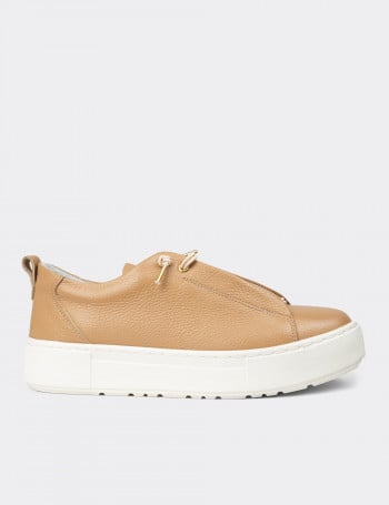 Kadın Bej Hakiki Deri Sneaker Ayakkabı