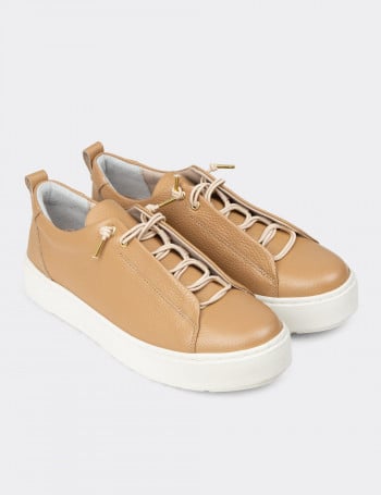 Kadın Bej Hakiki Deri Sneaker Ayakkabı