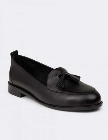 Kadın Siyah Hakiki Deri Püsküllü Loafer