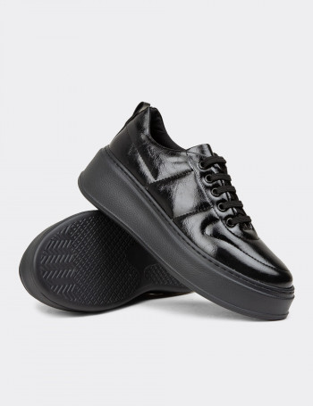 Kadın Vintage Rugan Siyah Sneaker Ayakkabı - CE483ZSYHC01