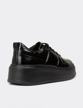 Kadın Vintage Rugan Siyah Sneaker Ayakkabı - CE483ZSYHC01