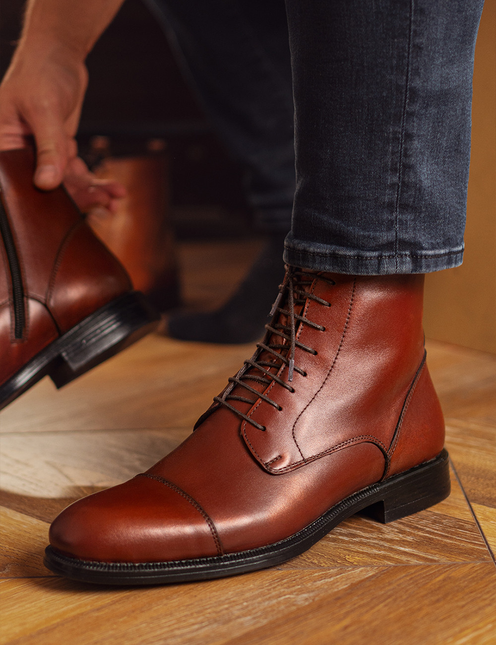 Erkek Hakiki Deri Bakır Rengi Fermuarlı Bot - 01974MBKRC02