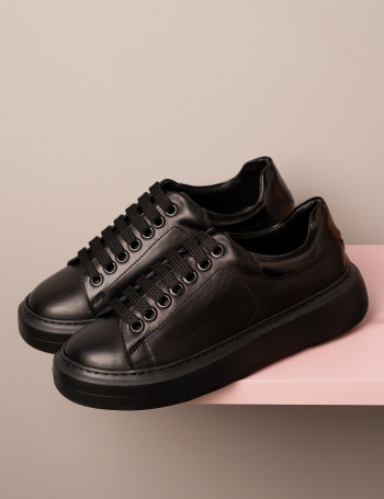 Erkek Hakiki Deri Siyah Sneaker Ayakkabı