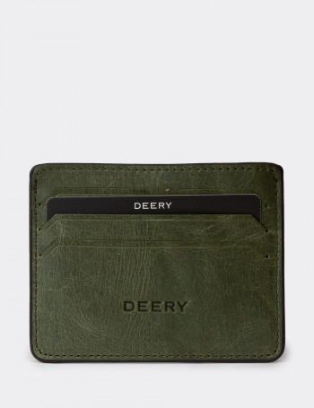 Erkek Hakiki Vintage Deri Haki Yatay Kartlık