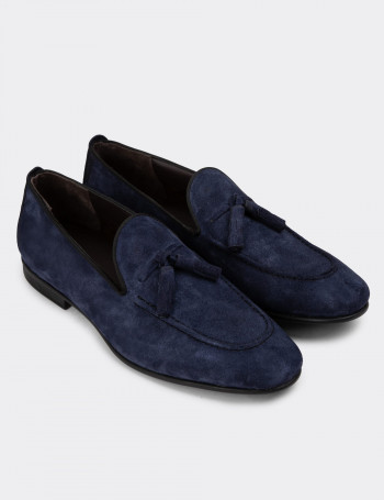 Erkek Hakiki Süet Lacivert Loafer Ayakkabı - 01701MLCVC32