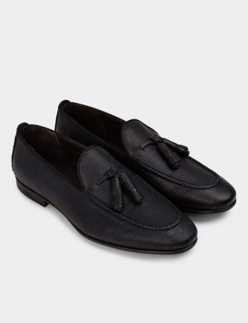 Erkek Hakiki Deri Lacivert Loafer Ayakkabı - 01701MLCVC24