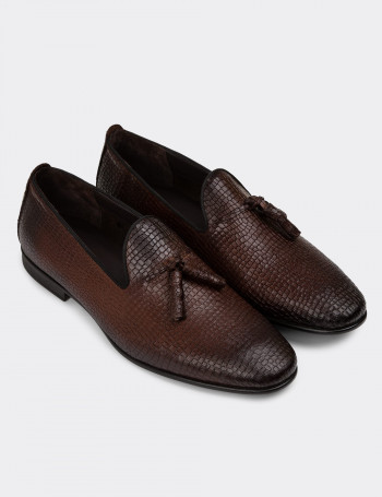 Erkek Kahverengi Hakiki Deri Püsküllü Loafer - 01702MKHVC21