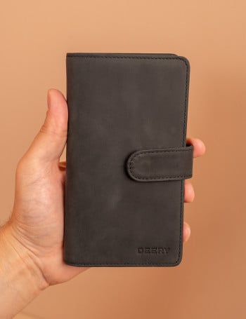 Erkek Hakiki Nubuk Siyah Telefon Bölmeli Dikey Cüzdan
