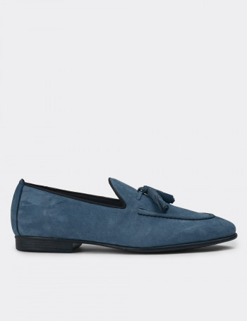 Erkek Hakiki Nubuk Mavi Loafer Ayakkabı