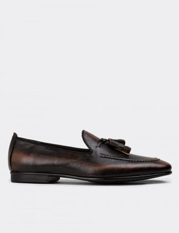 Erkek Hakiki Deri Vintage Kahverengi Loafer Ayakkabı