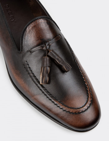 Erkek Hakiki Deri Vintage Kahverengi Loafer Ayakkabı - 01701MKHVC29
