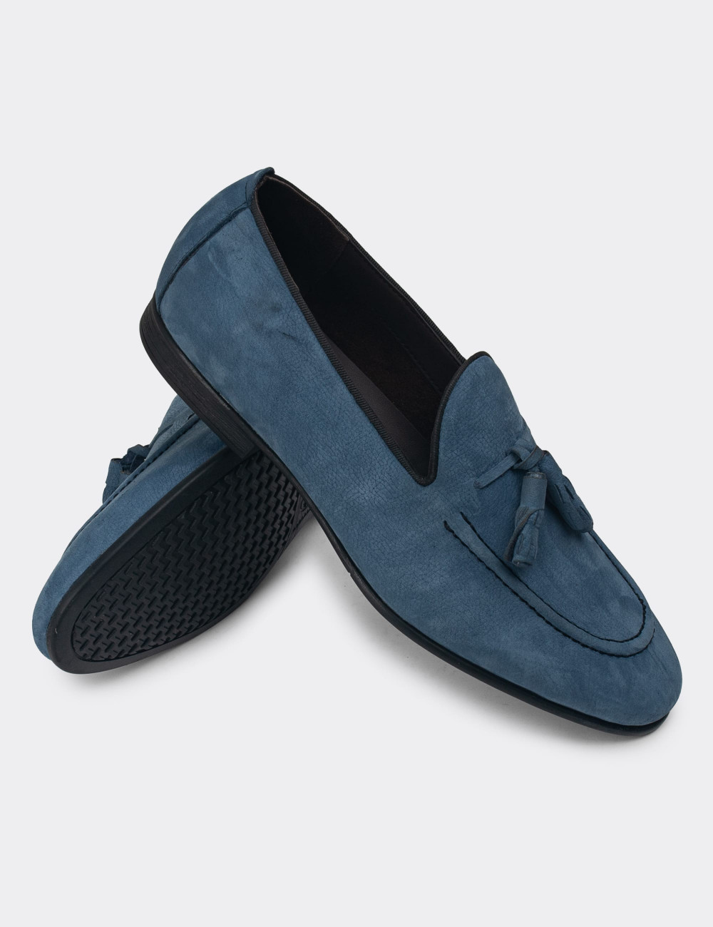 Erkek Hakiki Nubuk Mavi Loafer Ayakkabı - 01701MMVIC07