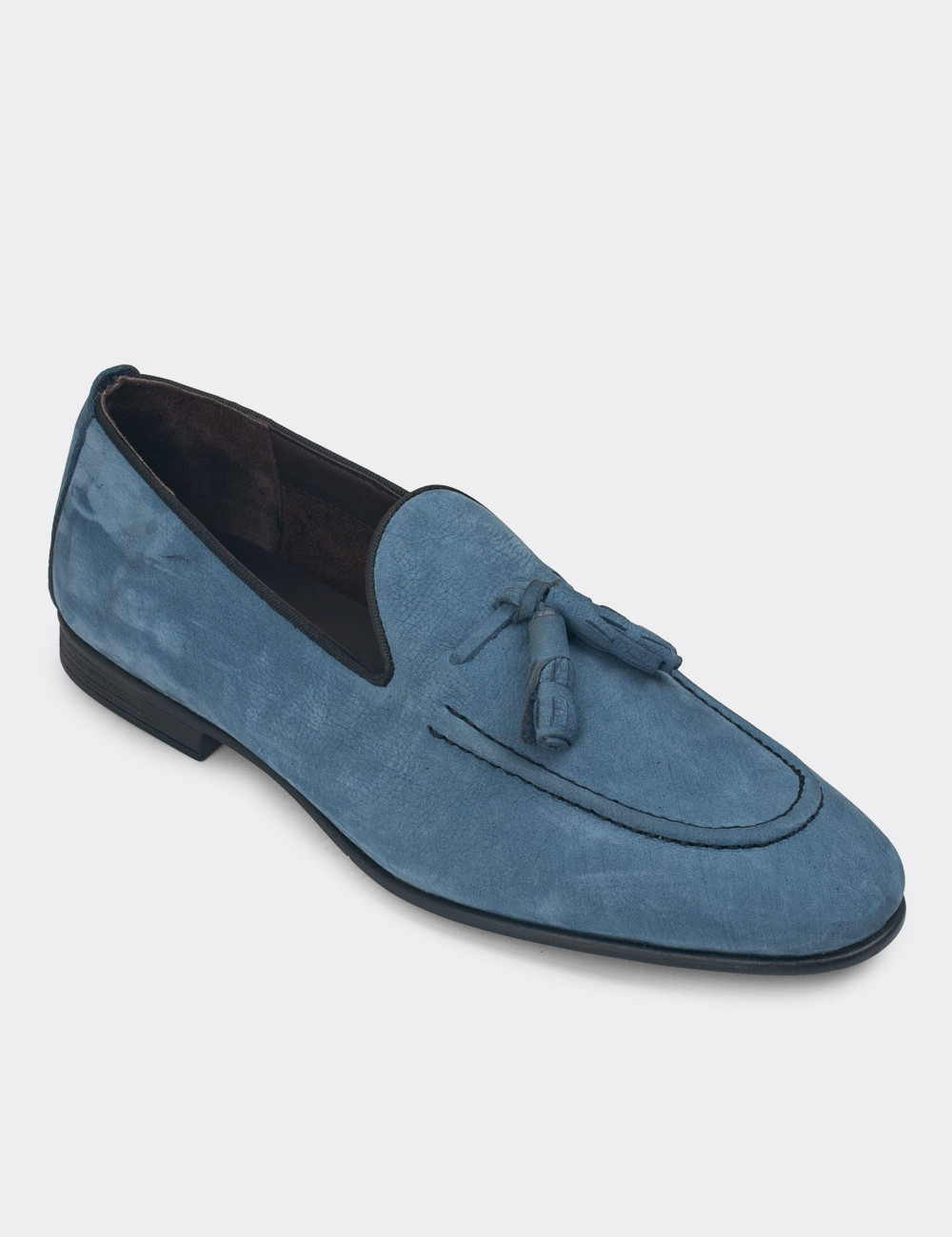 Erkek Hakiki Nubuk Mavi Loafer Ayakkabı - 01701MMVIC07