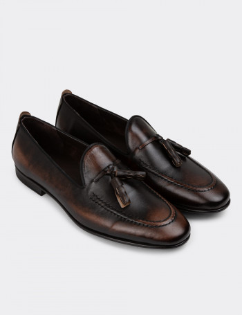 Erkek Hakiki Deri Vintage Kahverengi Loafer Ayakkabı - 01701MKHVC29
