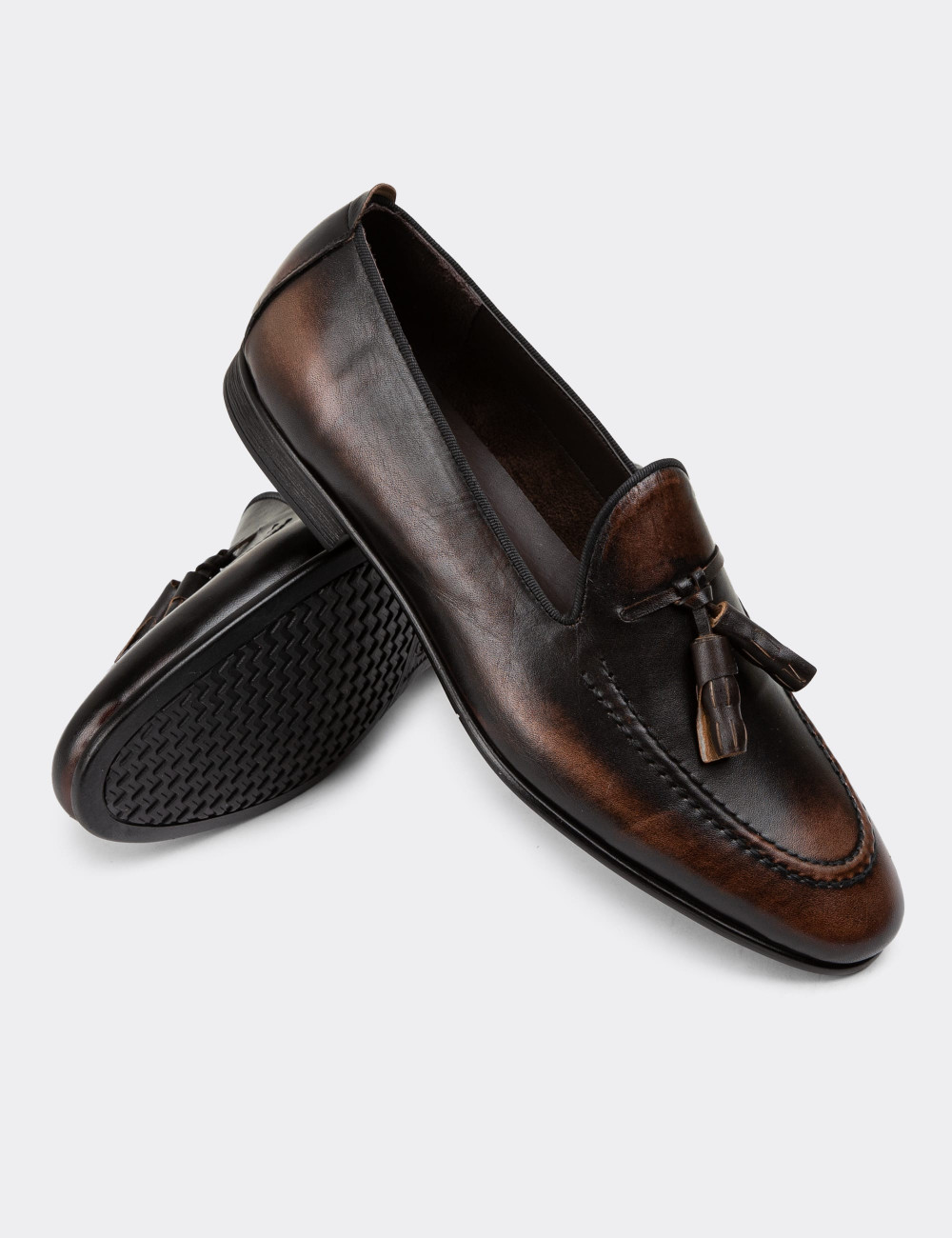 Erkek Hakiki Deri Vintage Kahverengi Loafer Ayakkabı - 01701MKHVC29
