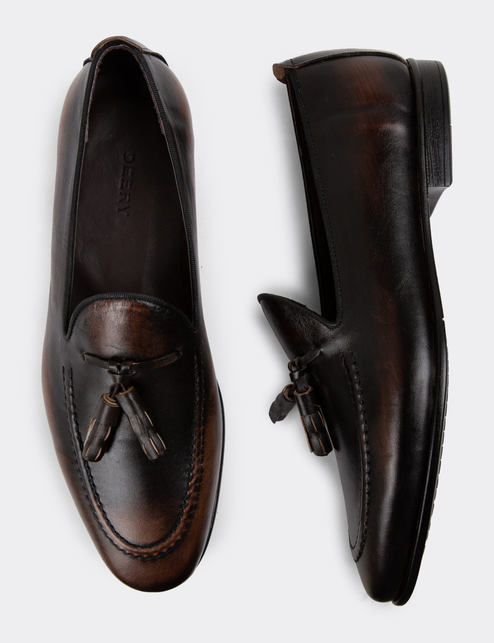 Erkek Hakiki Deri Vintage Kahverengi Loafer Ayakkabı - 01701MKHVC29