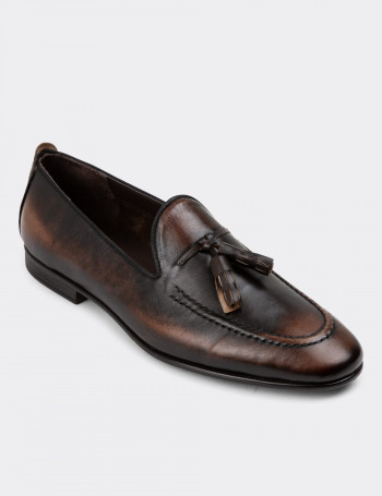 Erkek Hakiki Deri Vintage Kahverengi Loafer Ayakkabı