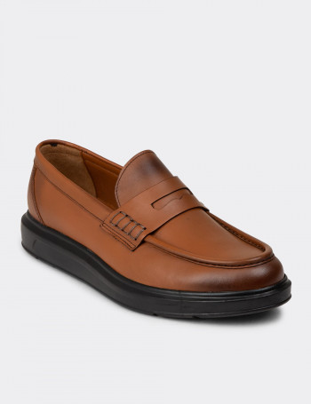 Erkek Hakiki Deri Taba Renk Loafer Ayakkabı