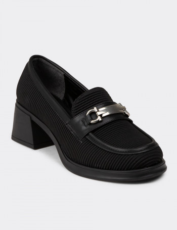 Kadın Siyah Topuklu Loafer Ayakkabı