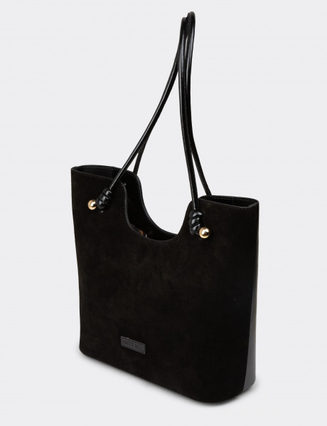 Hakiki Süet Siyah Kadın Omuz Çantası