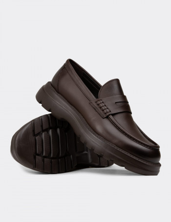 Erkek Kahverengi Hakiki Deri Kalın Taban Loafer - 02006MKHVE01