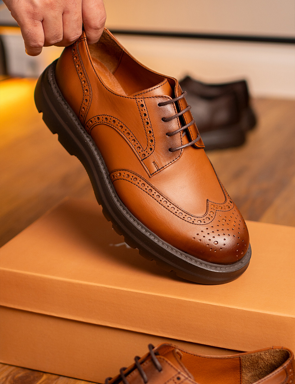 Erkek Hakiki Deri Taba Renk Günlük Ayakkabı - 01696MTBAE01