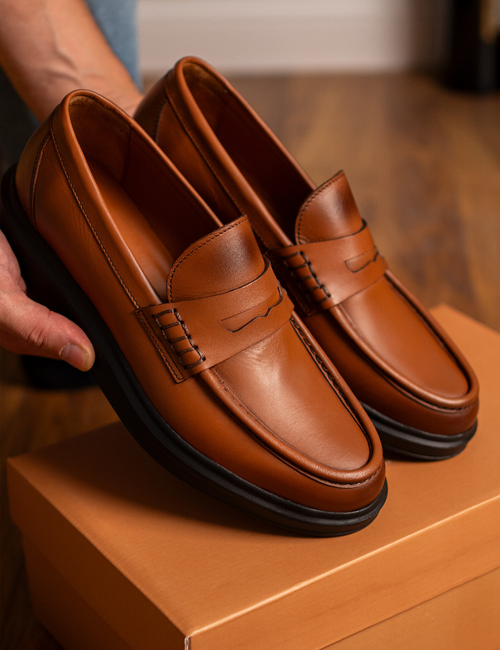 Erkek Hakiki Deri Taba Renk Loafer Ayakkabı - 02000MTBAP01