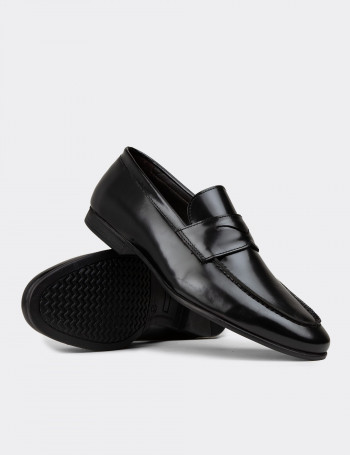Erkek Hakiki Deri Siyah Loafer Ayakkabı - 01988MSYHC03